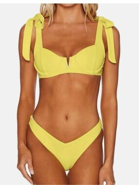 Yellow Tie-Shoulder V-Notch Bikini Set - Women Swim
